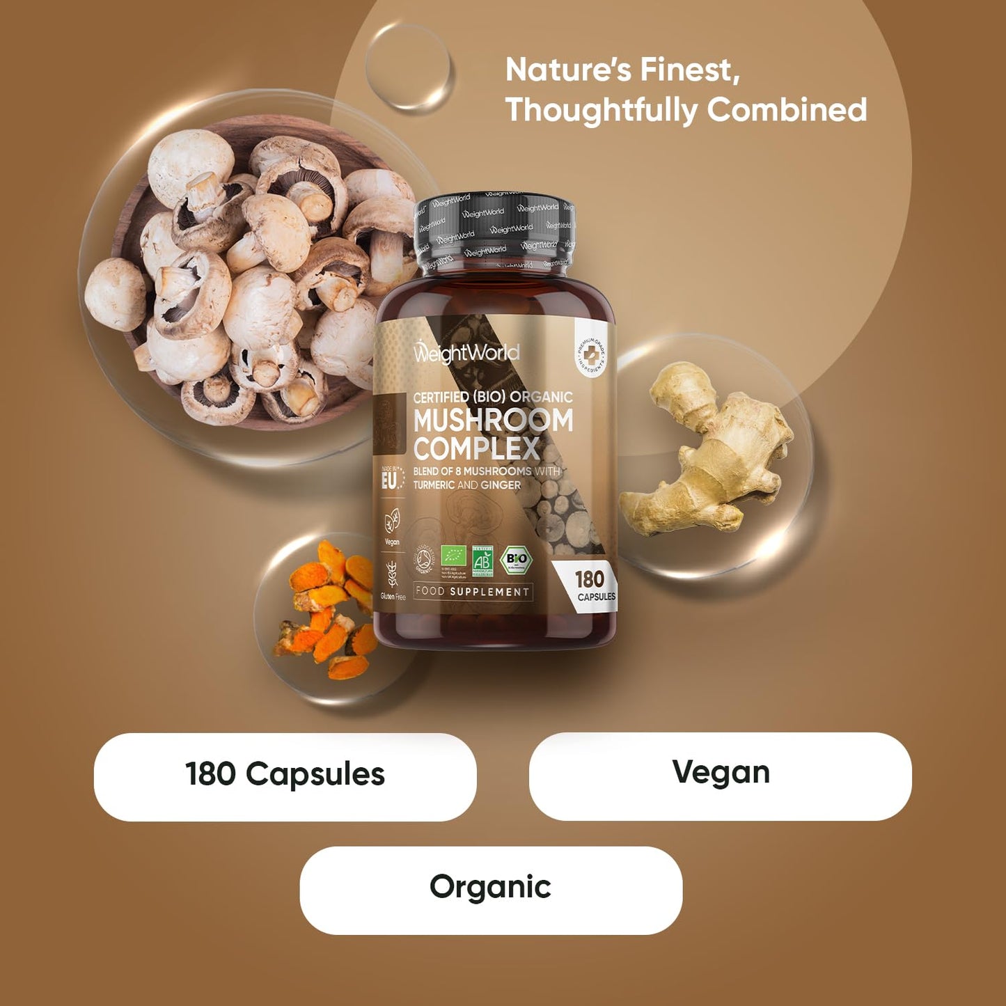 WeightWorld Organic Mushroom Complex | 180 Vegan Capsules | Lions Mane Mushroom, Cordyceps, Shiitake, Reishi, Chaga, Maitake & More | Added Turmeric & Ginger | Gluten-Free & Non-GMO | Made in EU