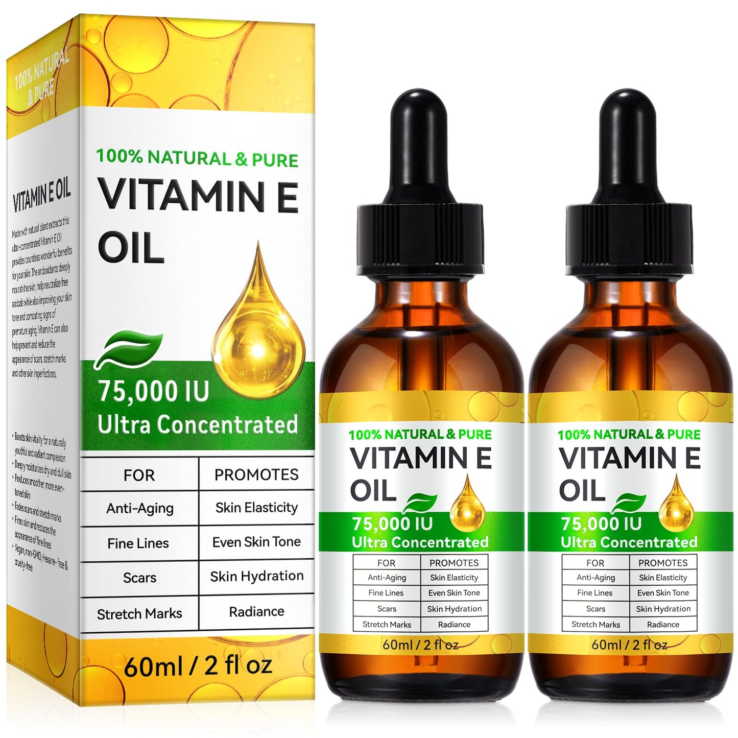 2Pack Natural Vitamin E Oil for Skin, 75,000 IU Ultra Concentrated Vitamin E Oil for Face, Hair and Scars, Moisturizing Dry Skin Oils, Promotes Elasticity