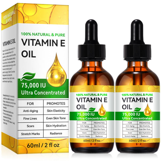 2Pack Natural Vitamin E Oil for Skin, 75,000 IU Ultra Concentrated Vitamin E Oil for Face, Hair and Scars, Moisturizing Dry Skin Oils, Promotes Elasticity