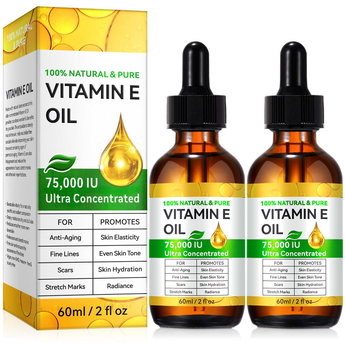 NBXINSLF 2Pack Natural Vitamin E Oil for Skin, 75,000 IU Ultra Concentrated Vitamin E Oil for Face, Hair and Scars, Moisturizing Dry Skin Oils, Promotes Elasticity