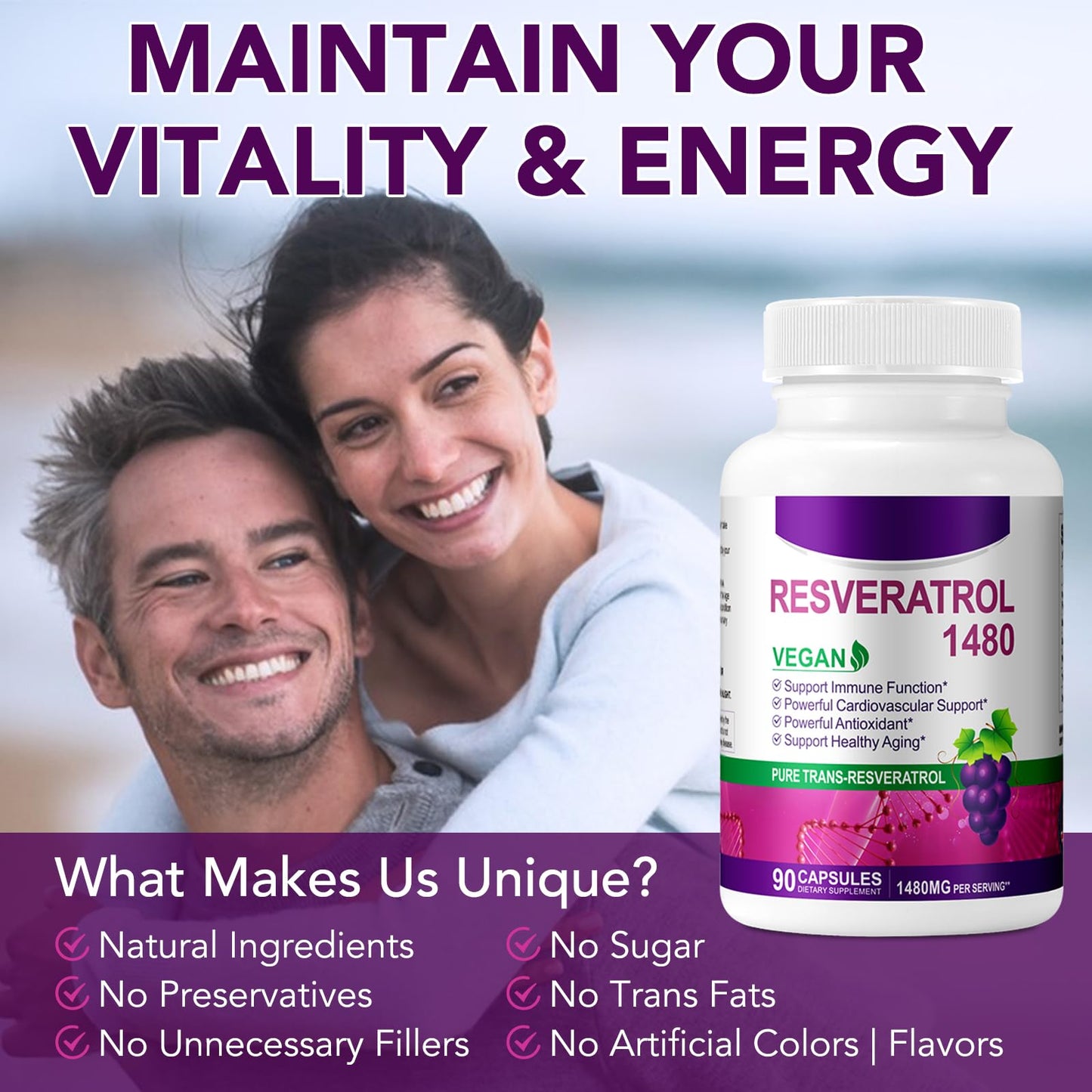 FSLHCY Resveratrol Supplement 1480mg, 90 Capsules High-Potency Trans-Resveratrol Supplement for Heart, Skin, and Anti-Aging Antioxidant