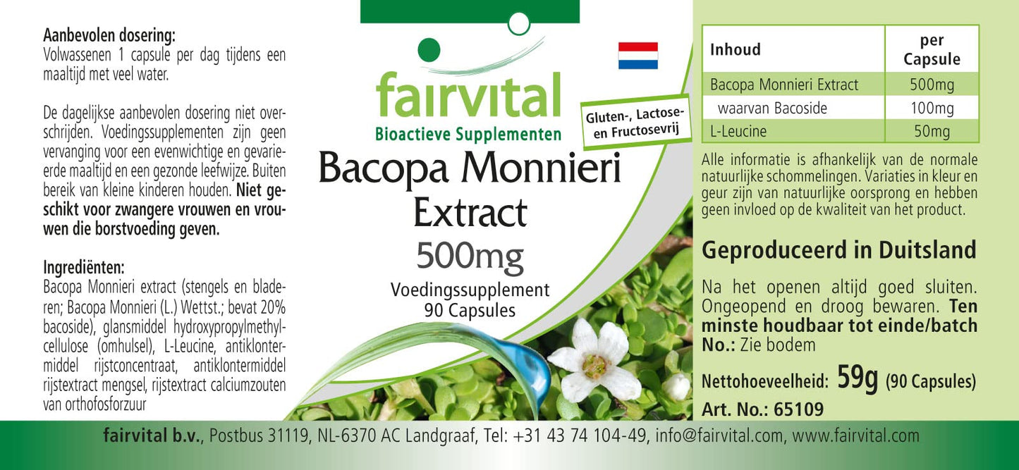 fairvital Fairvital | Bacopa Monnieri Extract 500mg, Brahmi, Vegan, Without Magnesium Stearate, 90 bacopa Capsules
