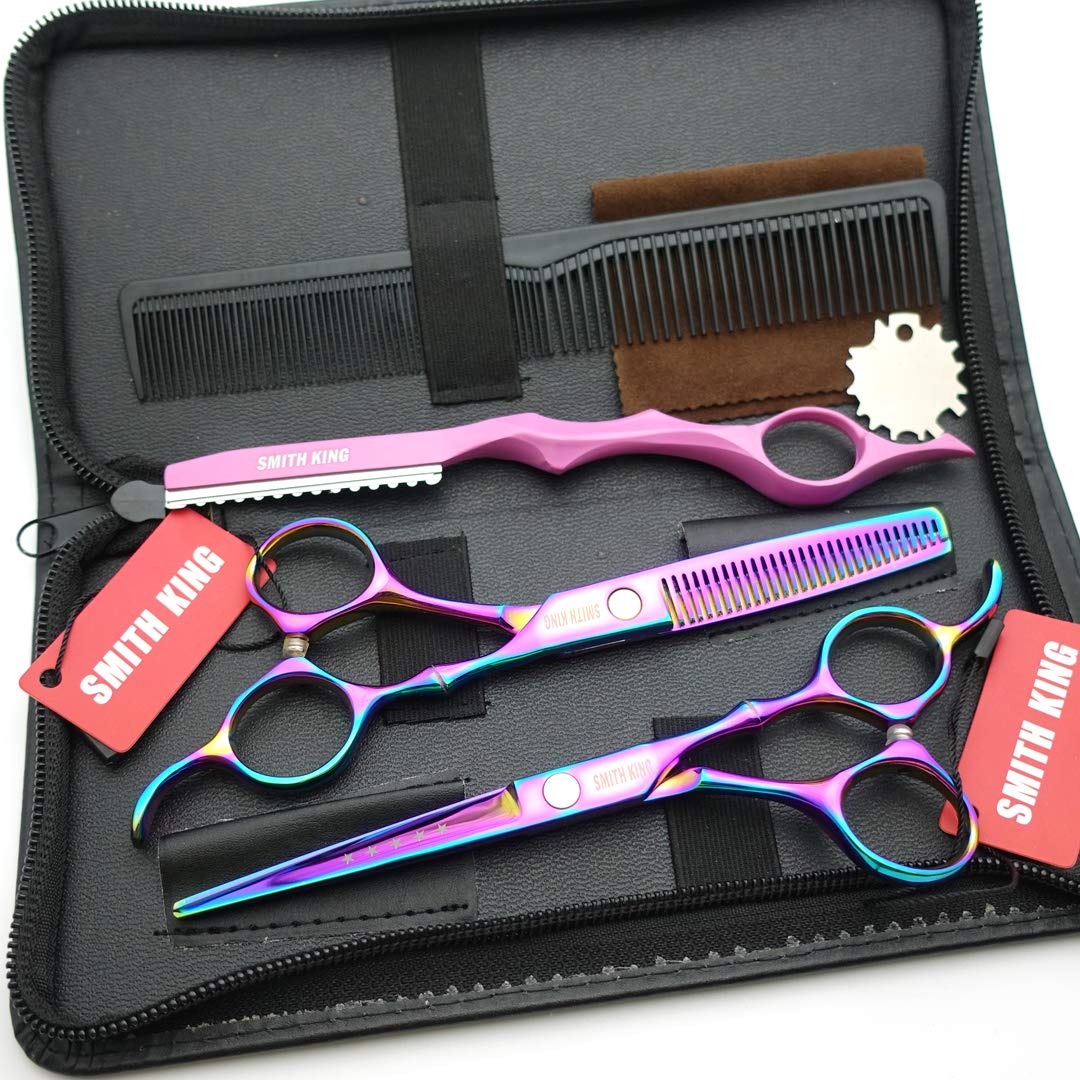 Smith King 6.0 inch hair scissors set hair cutting scissors & thinning scissors with razor&comb in 1 set (Rainbow)
