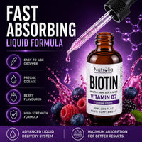 Nutroliq Absorb Your Wellness Better Nutroliq Biotin Liquid Drops - Vegan Vitamin B7 Dietary Supplement for Hair, Nail & Skin Health - Pure 12000mcg Biotin Drops for Hair Growth - Extra Strength Berry-Flavoured Vitamin H Serum - 60 ml