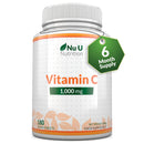 Vitamin C 1000mg - 180 Vegan Tablets - 6 Month Supply - High Strength Ascorbic Acid - Supports Immune System, Energy & Collagen Formation - Nu U Nutrition