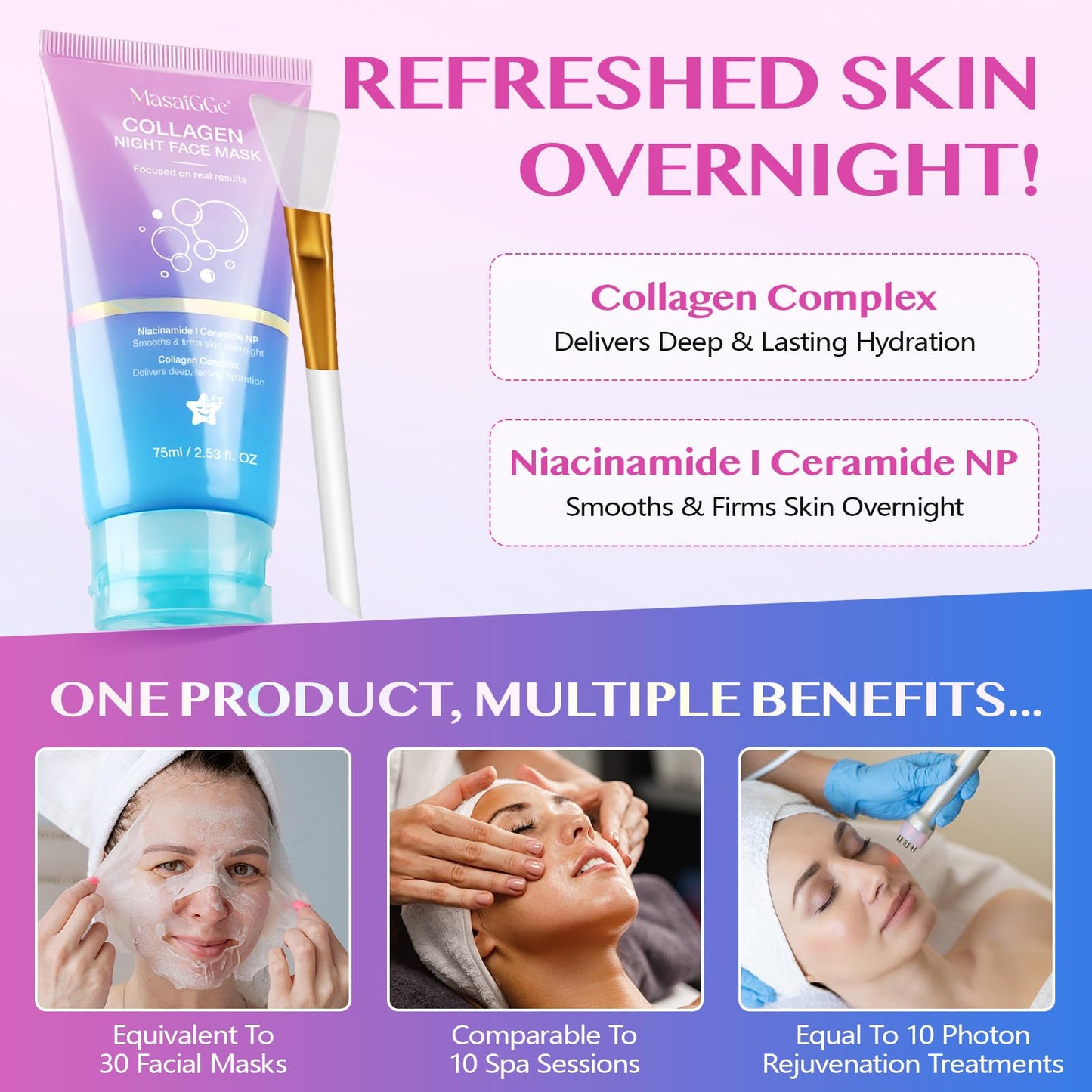 CFHQXSZ Collagen Night Wrapping Mask, Collagen Overnight Peel-Off Mask, Overnight Wrapping Peel Off Face Masks with Brush, Elasticity & Hydration Overnight Wrapping Peel Off Facial Mask