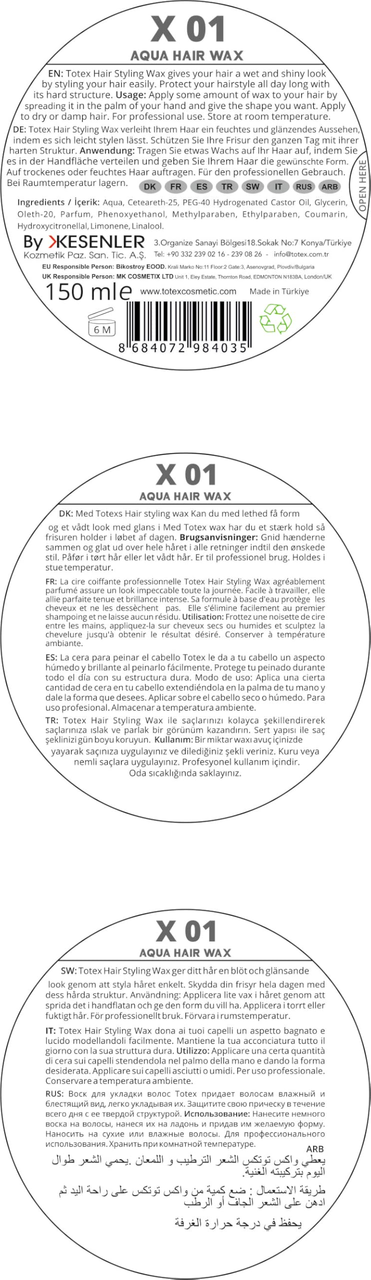 Totex Hair Styling Aqua Gel Wax 01 | Strong Hold Gel Maximum Control | Parfume Scent | Unisex 150ml