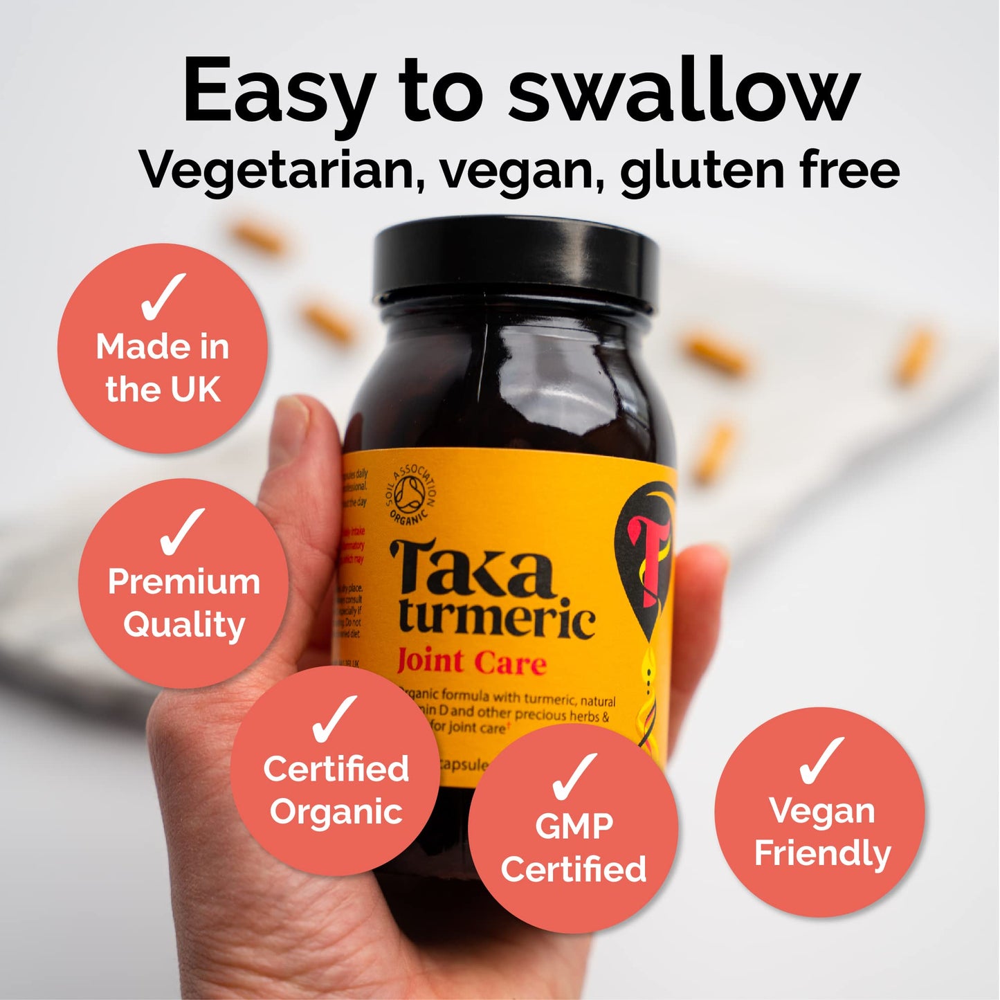 Taka Turmeric, 90 Caps Organic Joint Care Supplements with Turmeric Black Pepper Extract Vitamin D & Ginger, Organic Turmeric Ginger and Black Pepper Capsules, Vegan, Recyclable Packaging