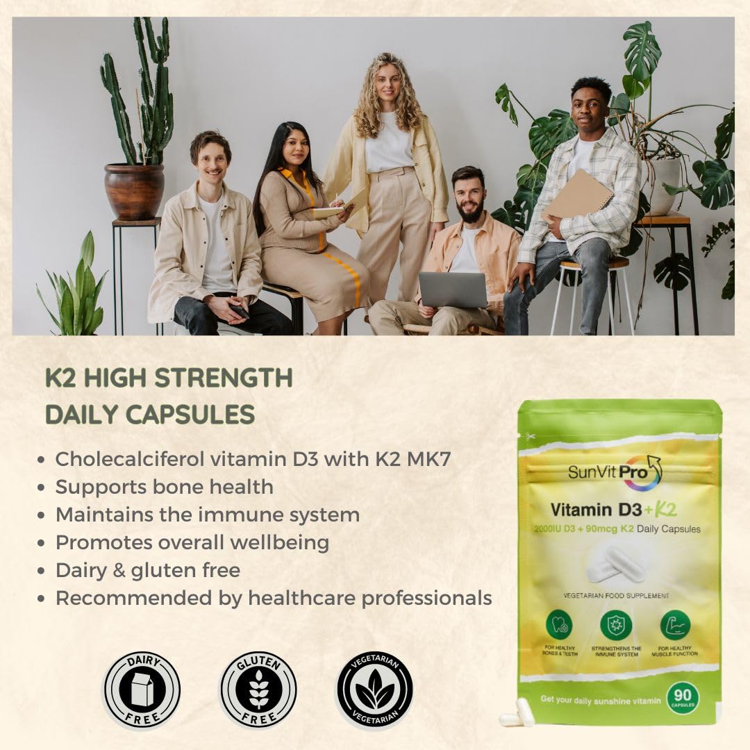 SunVit-Pro Sunvit-Pro Vitamin D 2000iu and Vitamin K2 MK7 90mcg Capsules - Vitamin D3 k2 High Strength Vegetarian and UK Manufactured - Support the Maintenance of Bone, Teeth, Muscle & Immune System, 90 Capsules