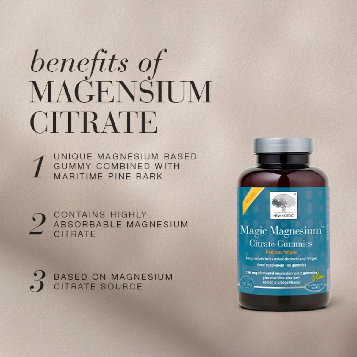 New Nordic Ltd New Nordic Magic Magnesium Citrate Gummies, 1 Month Supply, Magnesium with Maritime Pine Bark Extract, Lemon & Orange Flavour, 60 Count (Pack of 1)