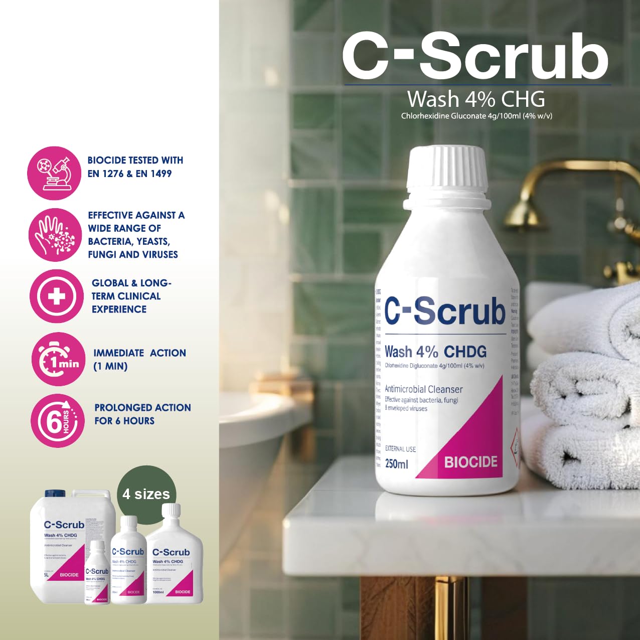 C-Scrub Wash Chlorhexidine 4% w/v | 250ml | Anti-Microbial Hand, Skin Cleanser | Pump Dispenser | Antibacterial Wash