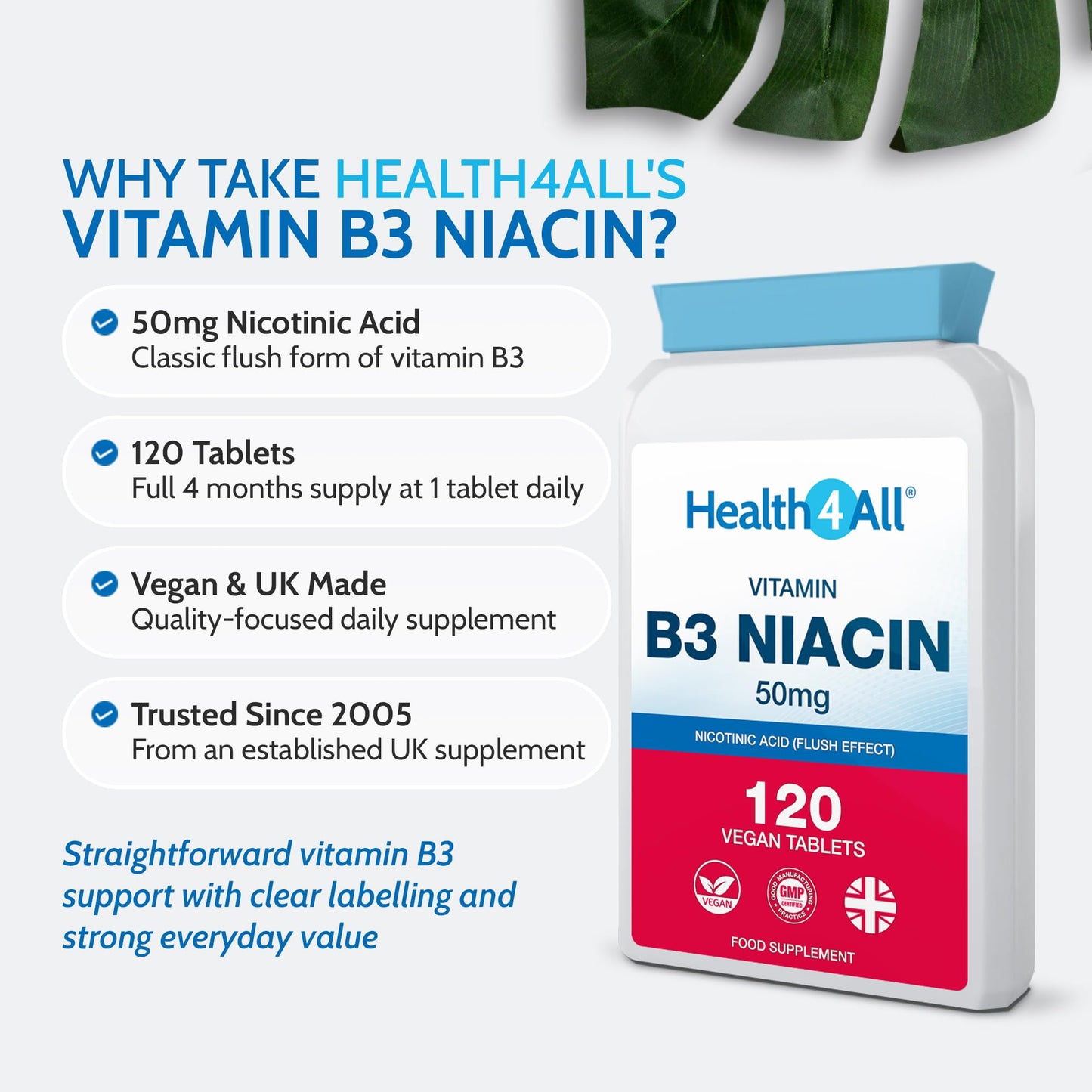 Health4All Vitamin B3 Niacin as Nicotinic Acid 50mg, 120 Tablets, Flush Effect