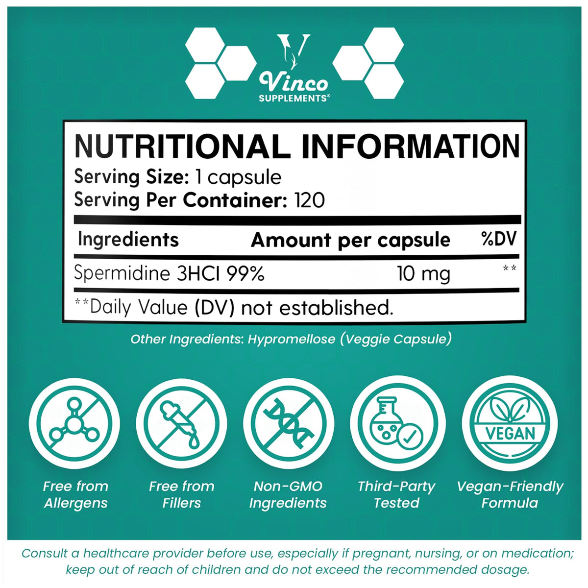 Vinco Supplements Vinco Spermidine Supplement - 10mg x 120 High Strength Spermidine Capsules - 99% Purity - Supports Healthy Ageing & Longevity - Non GMO & Gluten Free - Made in The UK