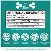 Vinco Supplements Vinco Spermidine Supplement - 10mg x 120 High Strength Spermidine Capsules - 99% Purity - Supports Healthy Ageing & Longevity - Non GMO & Gluten Free - Made in The UK