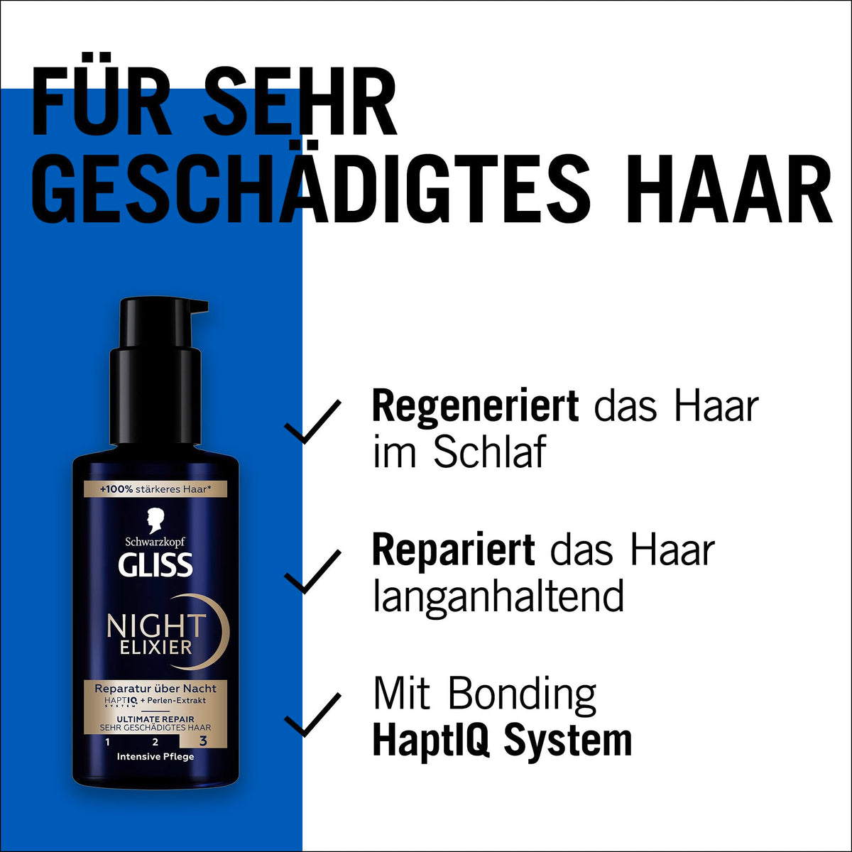 Gliss Kur Gliss Night Elixir Ultimate Repair (100 ml), Hair Serum Regenerates Damaged Hair During Sleep, Hair Care Leaves Soft & Regenerated Hair Overnight