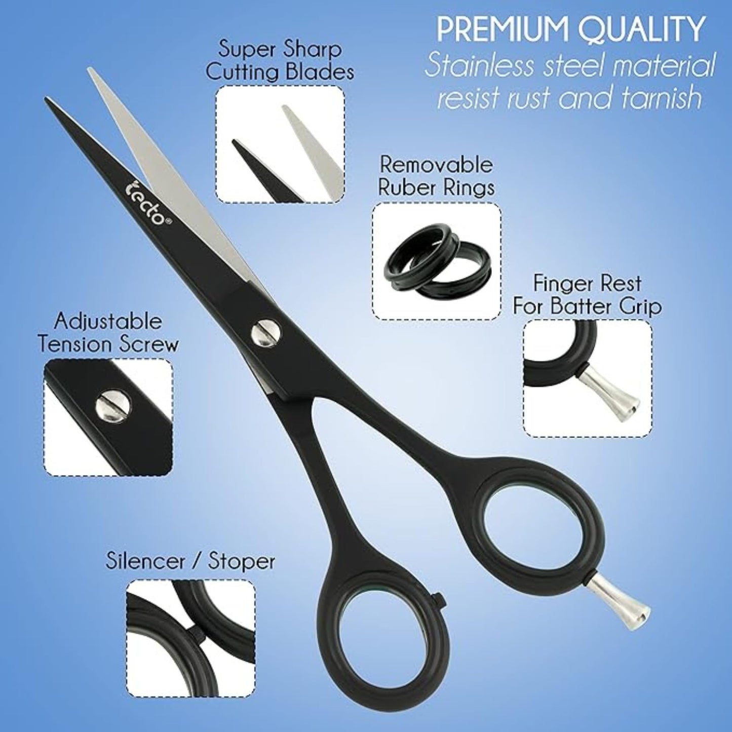 Tecto 6" Hair Dressing Scissors Sharp, Hair Cutting Scissor for Professional, Hairdressers Barbers Stainless Steel Hair Cutting Shears, Sharp Hair Scissors for Women, Men, Children and Adults (Black)
