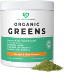 LOVE LIFE SUPPLEMENTS Organic Greens Superfood Powder, Prebiotics & Probiotics, Pea Protein & Actazin Kiwi Extract for Gut Health, High Dose Green Vegetables, Orange and Lime Flavour, 273g - 30 Servings