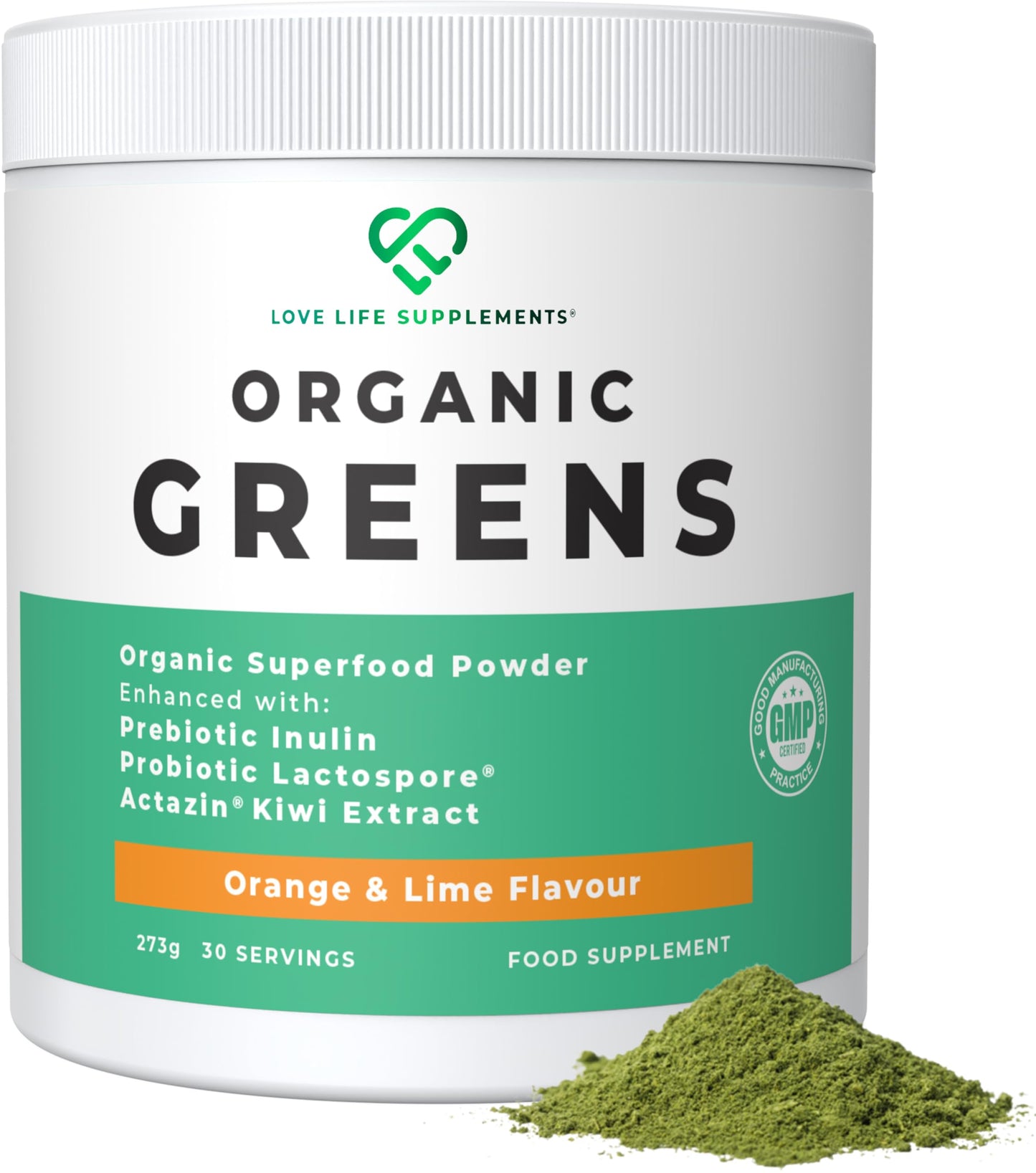 LOVE LIFE SUPPLEMENTS Organic Greens Superfood Powder, Prebiotics & Probiotics, Pea Protein & Actazin Kiwi Extract for Gut Health, High Dose Green Vegetables, Orange and Lime Flavour, 273g - 30 Servings