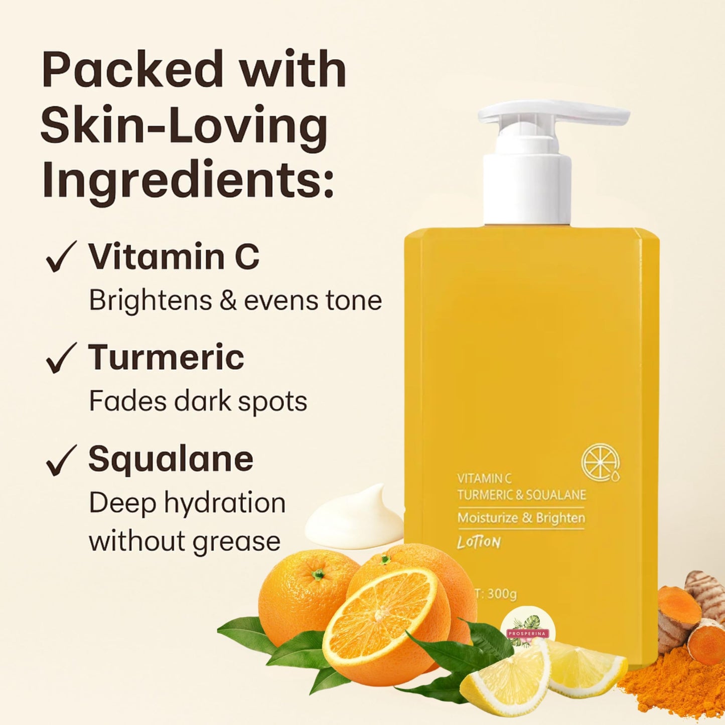 Prosperina Turmeric and Vitamin C Body Lotion | Firming, Brightening,Hydrating & Anti-Aging | Targets Uneven Skin Tone, Age Spots & Sun Damage – For Dry, Dull Skin | 300ml