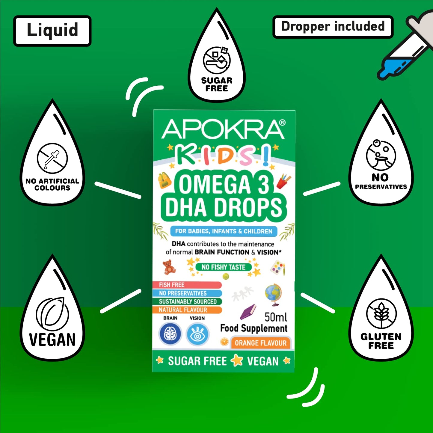 Omega 3 Vegan DHA Drops for Kids - 50mL - No Fishy Taste - Preservative Free and Sugar Free. Sustainable Algal Alternative to Fish Oil | APOKRA Kids