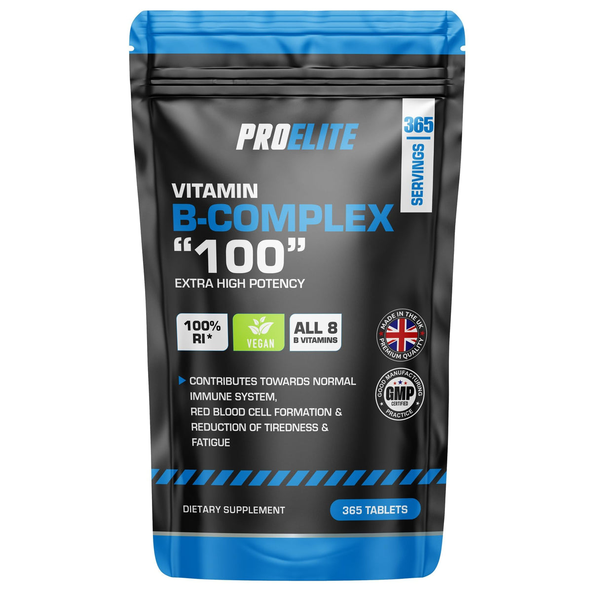 Vitamin B Complex - 365 High Strength Tablets (1 Year Supply) - All 8 B Vitamins B1 - B2 - B3 - B5 - B6 - B12, Biotin, Folic Acid - Reduction of Tiredness & Fatigue PROELITE