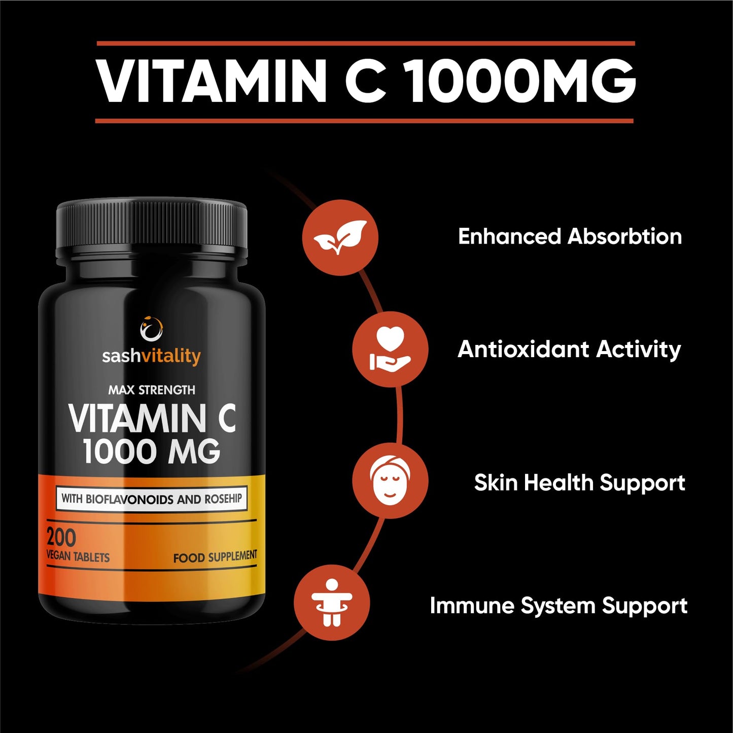 SASH Vitality Vitamin C 1000mg - 200 Vegan Tablets - Added Bioflavonoids & Rosehip - Supports The Immune System and Reduces Tiredness and Fatigue - UK Made Sash Vitality - Anti-Inflammatory - Allery Support