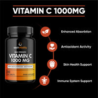 SASH Vitality Vitamin C 1000mg - 200 Vegan Tablets - Added Bioflavonoids & Rosehip - Supports The Immune System and Reduces Tiredness and Fatigue - UK Made Sash Vitality - Anti-Inflammatory - Allery Support