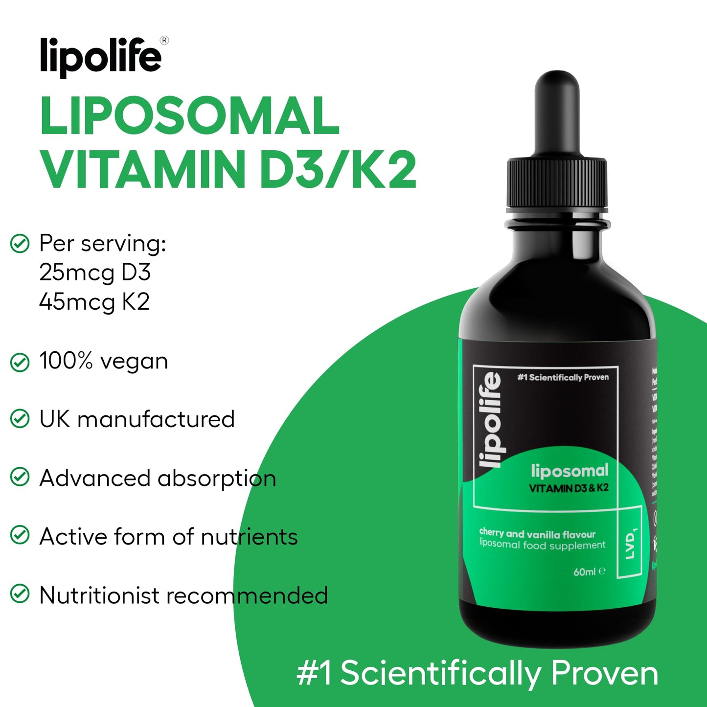 Lipolife Liposomal Vegan Vitamin D3 and Vitamin K2 Liquid - Cherry & Vanilla Flavour. Advanced Nutrient Absorption. Made in the UK. 60 Servings. lipolife LVD1