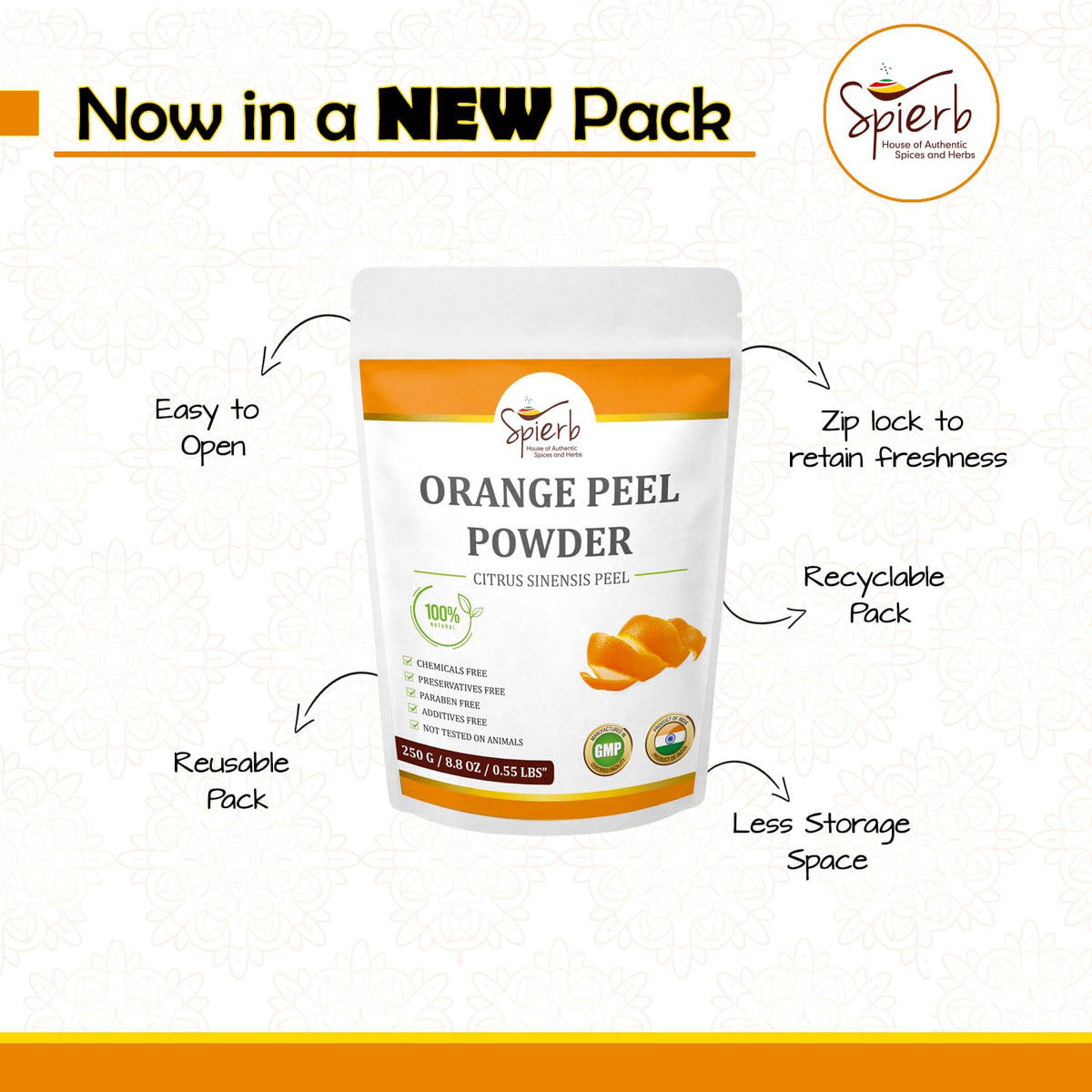 Spierb Orange Peel Powder (250 g) | Dried Orange Peel Face Mask, Face Pack/Ubtan | Exfoliating Scrub for Face & Skin – Single-Ingredient Cosmetic