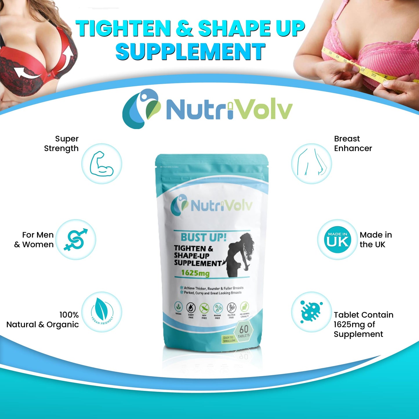 Nutrivolv Bust Up! - Breasts Enlargement Pills Female Oestrogen Enhancer - 60 Tablets