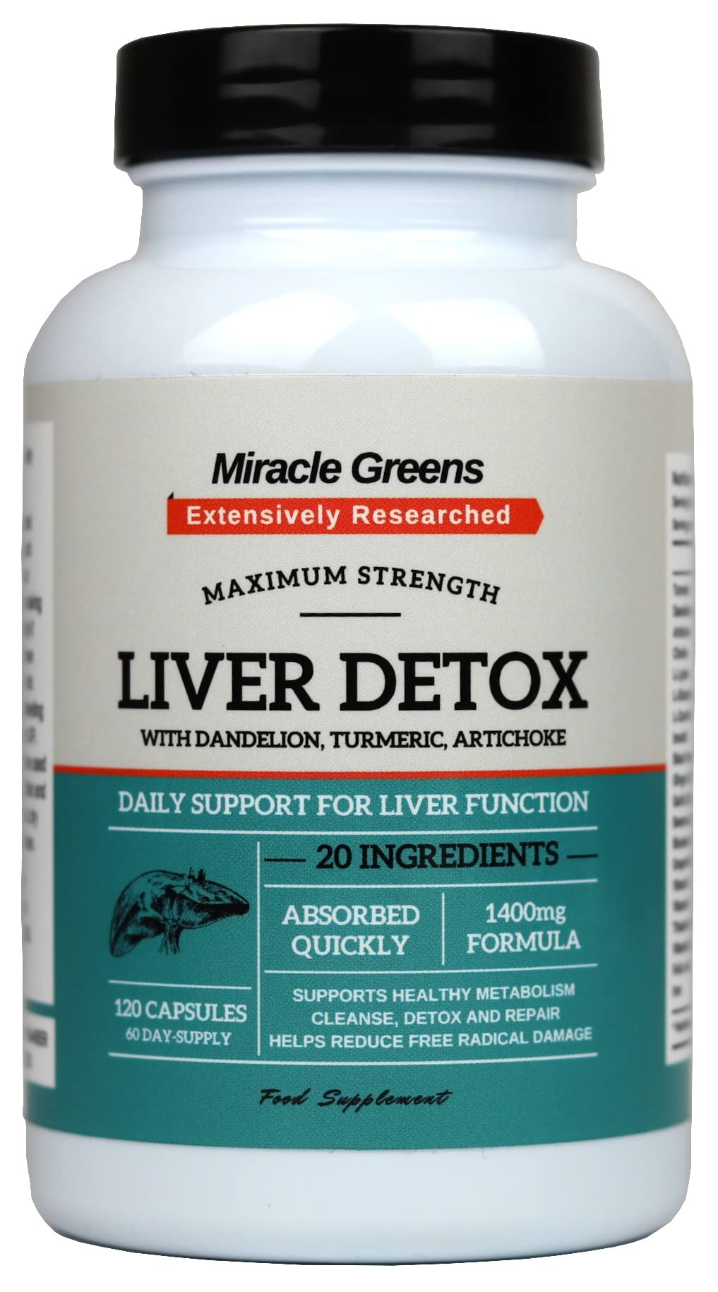 Macro Greens Liver Detox and Repair – 1400mg Complex | High Strength with 20 Effective Ingredients | Boosted with Dandelion, Turmeric, Amino Acids, Vitamins and More | 120 Capsules - 60 Day Supply