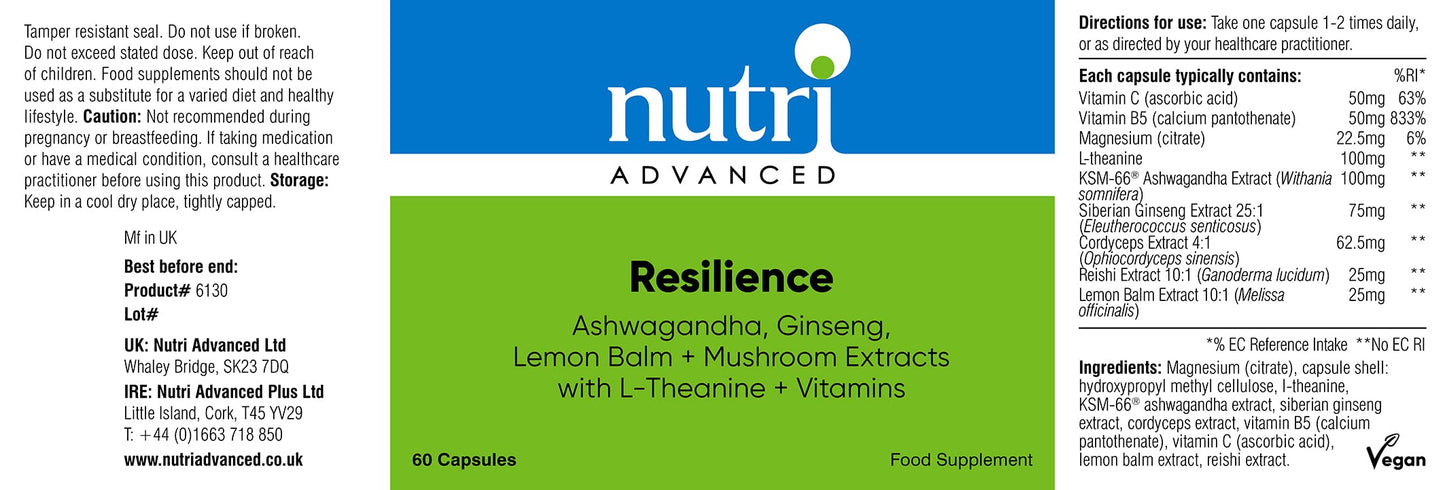 Nutri Advanced - Resilience - Stress Support with Ashwagandha, Ginseng, Lemon Balm and Mushroom Extracts with L-theanine and Vitamins - 60 Capsules