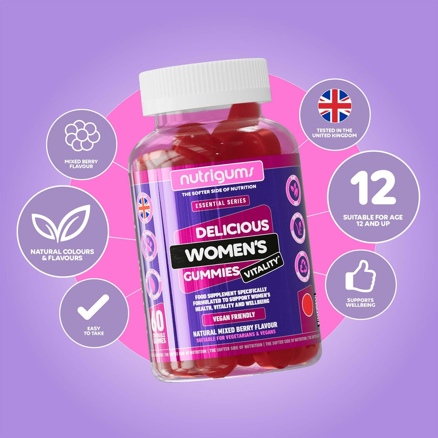 Nutrigums Women's Vitality Multivitamins & Probiotics Gummy | Contains 19 Active Nutrients | Mixed Fruit Flavour | 60 Vegan Gummies | Gut, Bones, Energy, Hair, Skin, Vision & Immunity by NUTRIGUMS®
