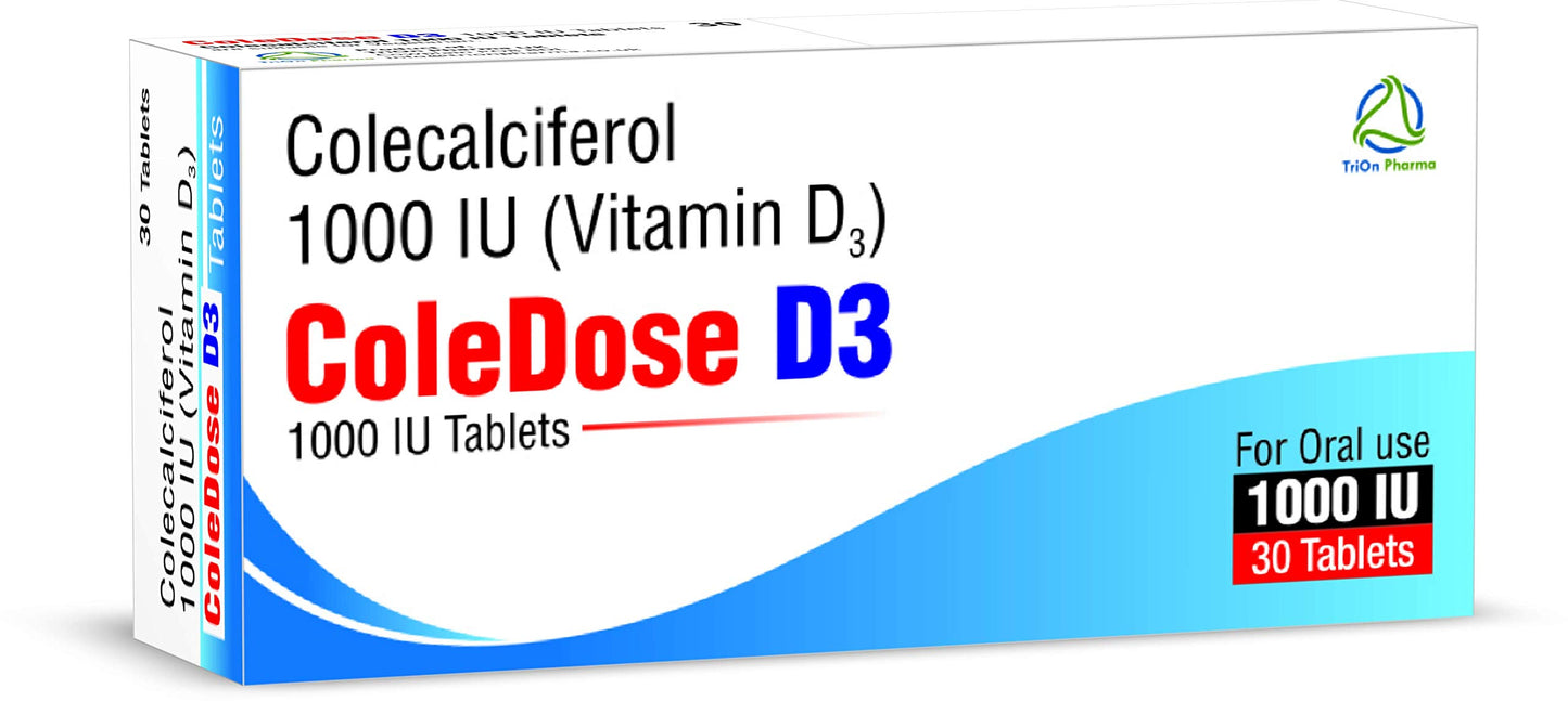 Vitamin D 1000 IU –Equivalent to 25 mcg - ColeDose D3, Premium Vitamin - Easy Swallow 30 Tablets- One a Day