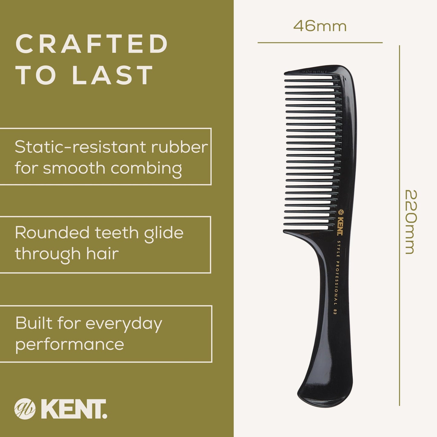 KENT Kent Brushes Handled Rake Comb SPC83 - Wide-Tooth Detangling Comb for Wet or Dry Hair, Strong Moulded Rubber with Easy-Grip Handle for Gentle, Tangle-Free Styling