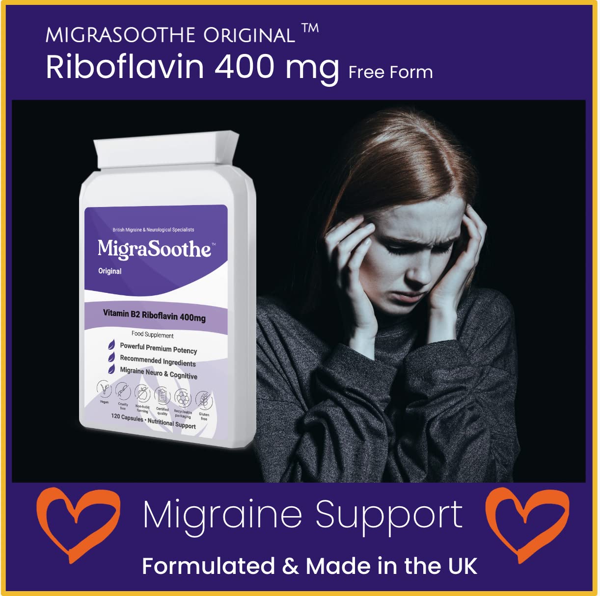 Premium Vitamin B2 Riboflavin 400mg per Capsule 120 Days Supply - Migrasoothe-B Pharma Manufacturing Standards UK Made Migraine Support, Stress, Tremors & Energy Vegan. NHS Recommended Vitamin B2 400