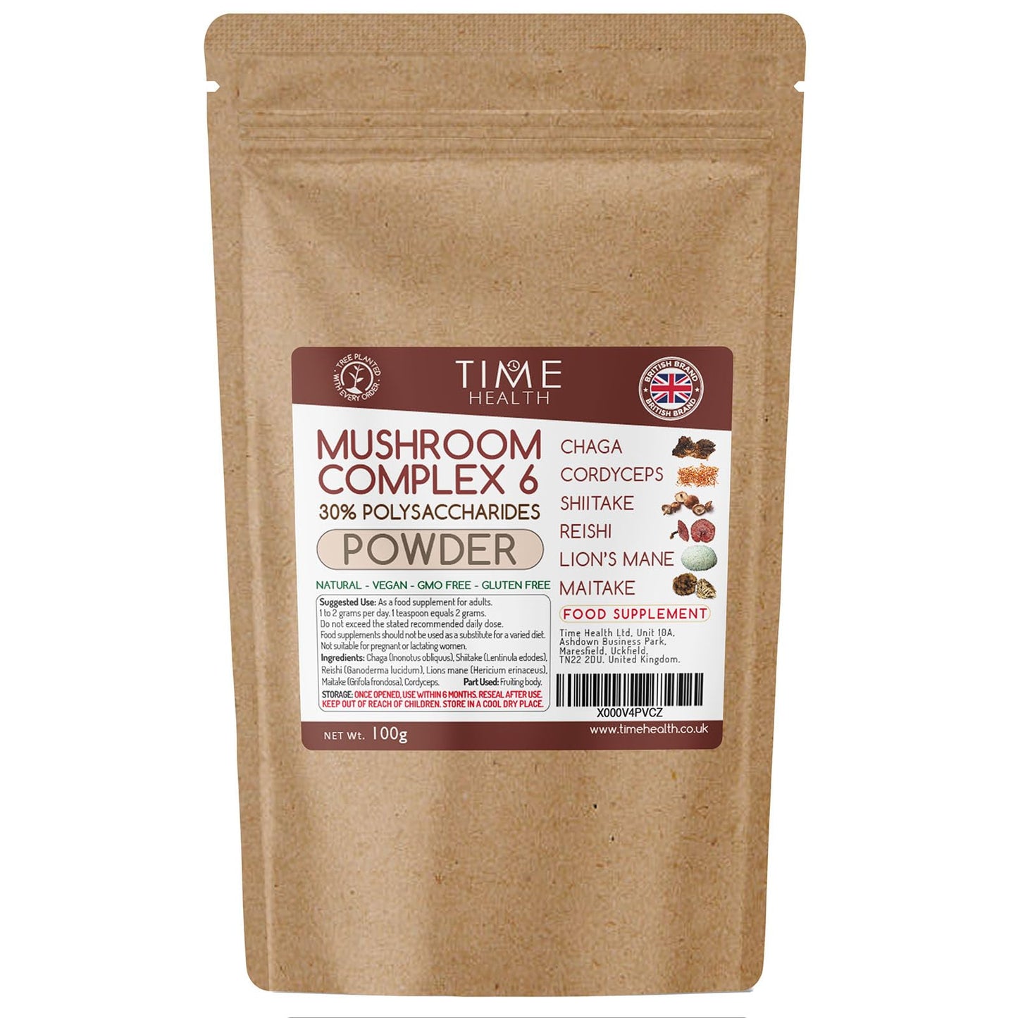 Time Health Mushroom Complex 6 Powder ∣ Chaga, Cordyceps, Shiitake, Reishi, Lions Mane, Maitake ∣ 30% Polysaccharides (100g Powder Pouch)