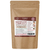Time Health Mushroom Complex 6 Powder ∣ Chaga, Cordyceps, Shiitake, Reishi, Lions Mane, Maitake ∣ 30% Polysaccharides (100g Powder Pouch)