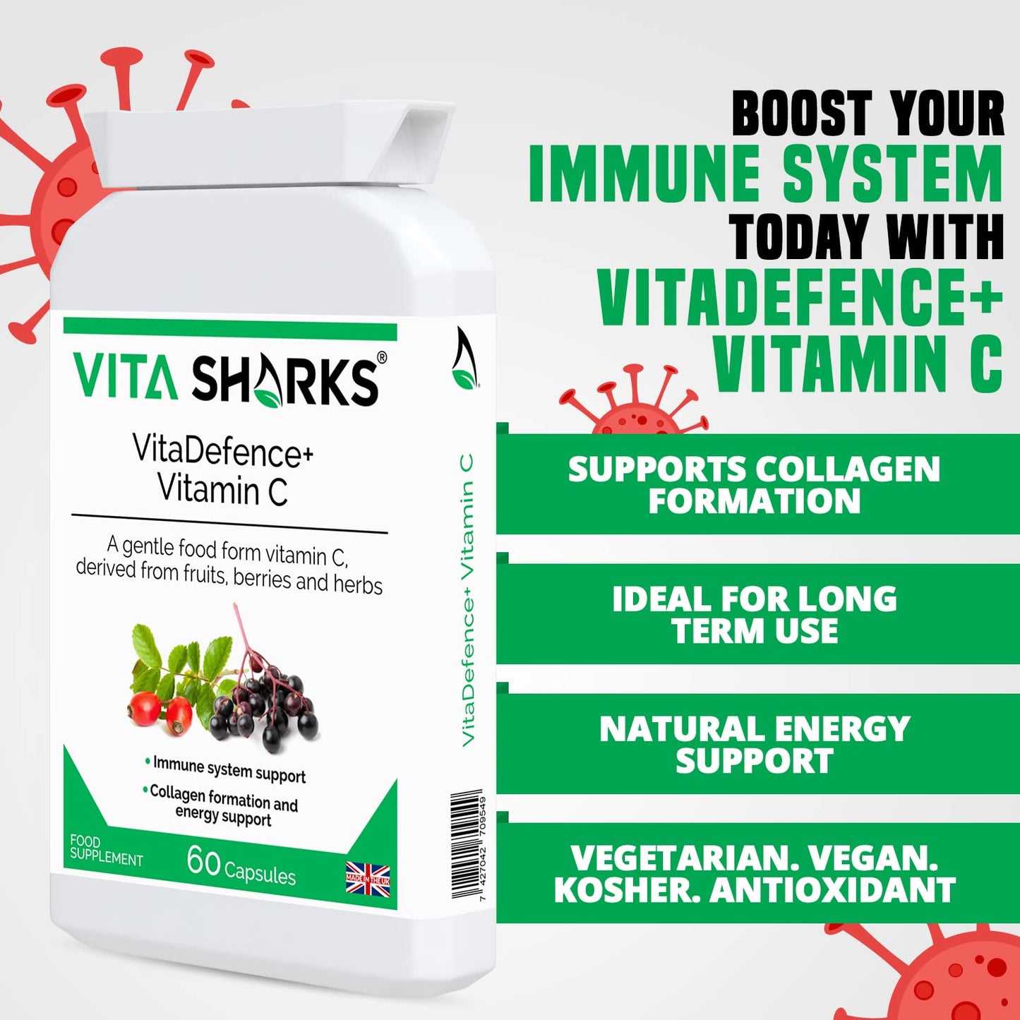 Vita Sharks VitaDefence+ Vitamin C - Bespoke Potent & Comprehensive All-in-One Vegan Anti-Oxidant Formula to Defend, Support & Boost Overall Immunity - Kosher