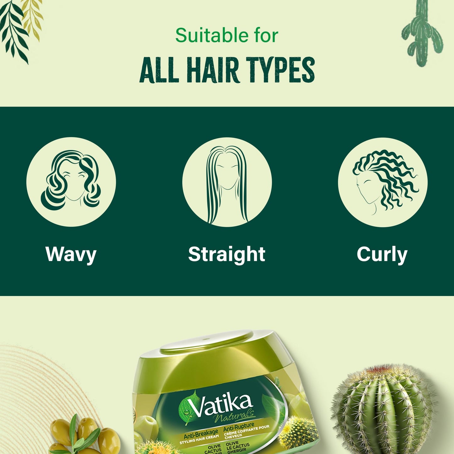 Vatika Naturals Hair Cream - Anti-Breakage (210ml, Cactus) | Strengthening Formula with Olive, Cactus & Ghergir for Strong, Stylish Hair
