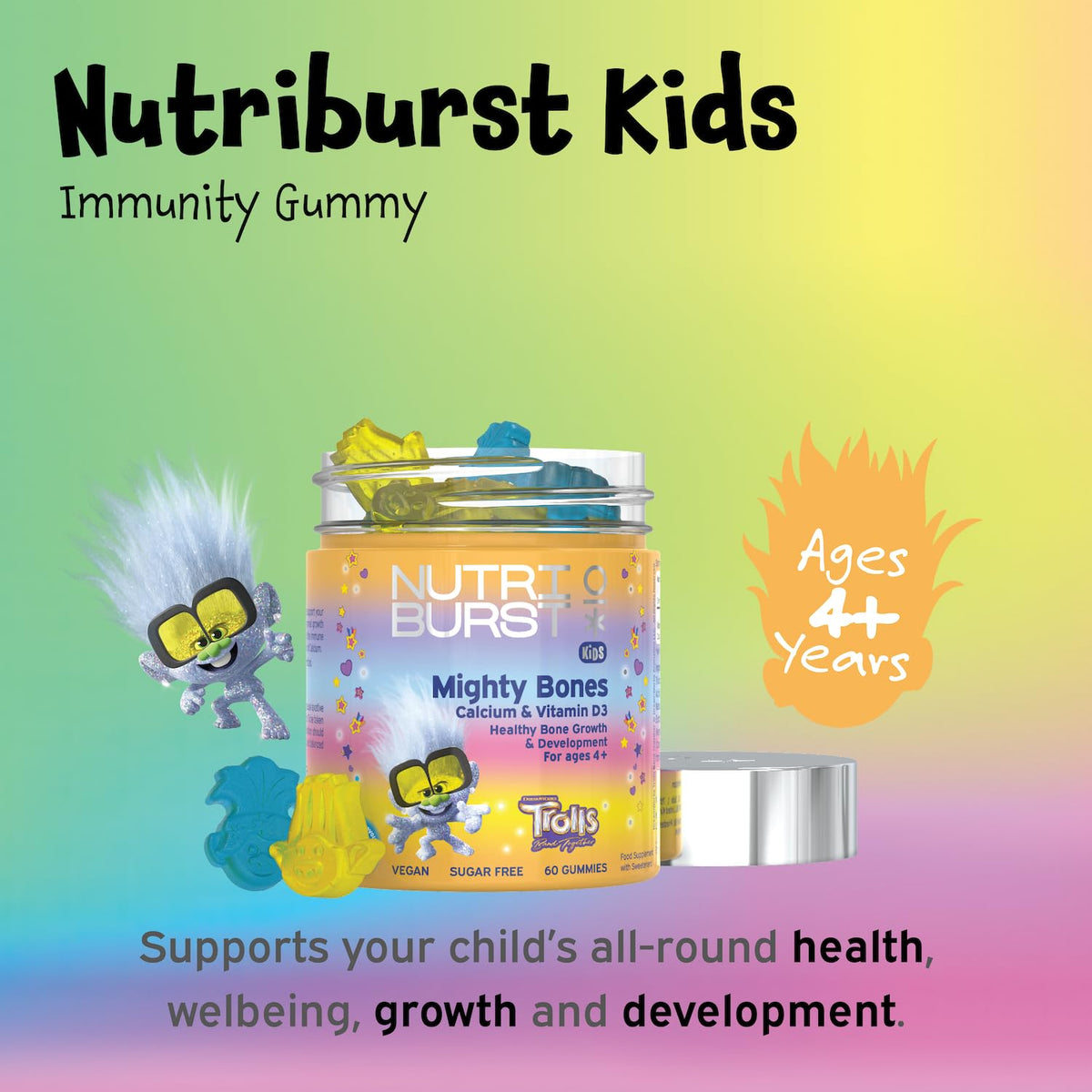 Nutriburst Trolls Kids Mighty Bones - Vitamin D3 + Calcium Chewable Vitamin - Healthy Bone Development - Vitamin D3 (25µg) + Calcium (240mg) - Vegan + Sugar Free - Strawberry Flavour - 60 Gummies
