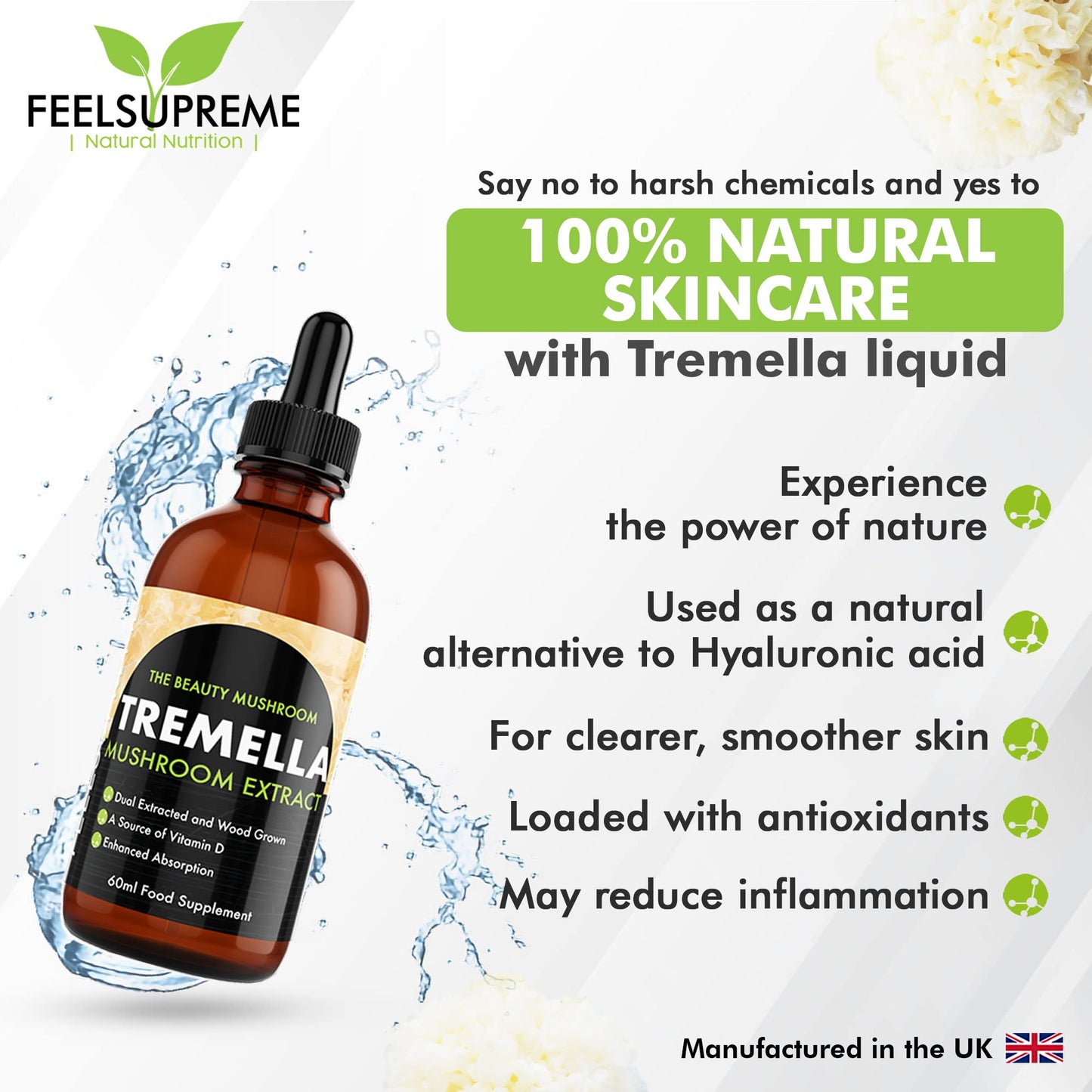 Feel Supreme - Tremella Liquid Extract - Wood Grown Mushroom Extract Supplement for Skin Health and Hydration - Mushroom Supplement, Mushroom Gifts, Supplements for Men and Women - 60ml