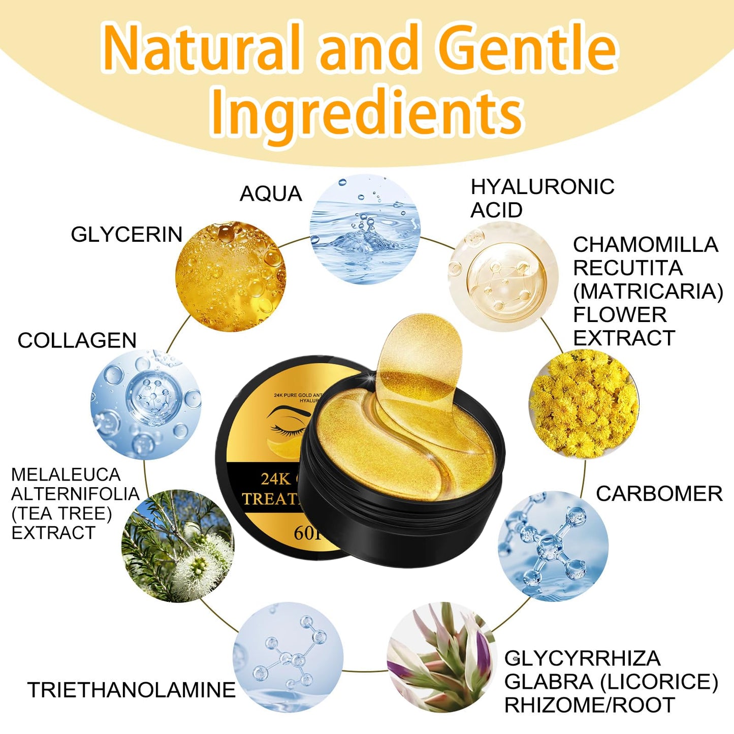 24K Gold Eye Mask, Collagen Eye Patches, Under Eye Gel Patches, Eye Masks for Puffy Eyes Dark Circles Bags Wrinkles Remover for Adults Women Men, Hydrating, Golden Pads 60PCS