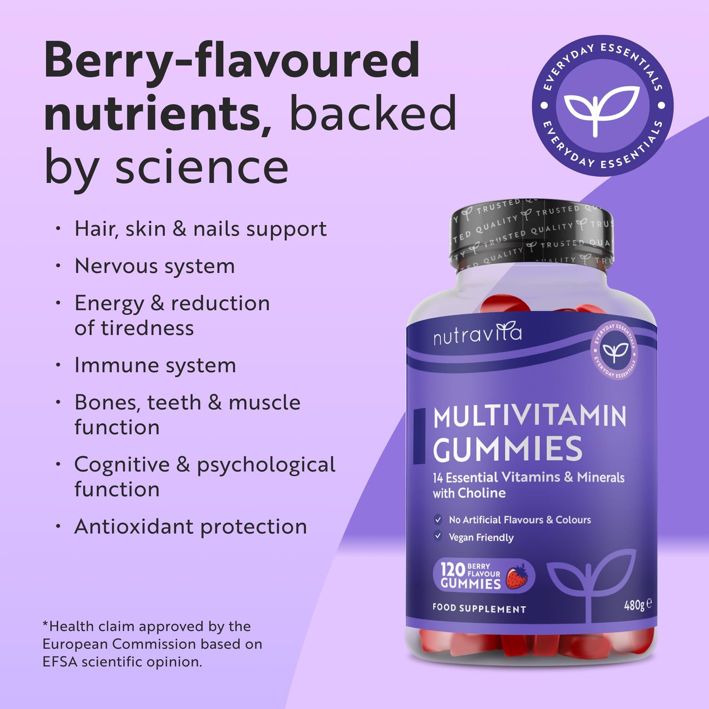 Nutravita Vegan Multivitamin Gummies for Women & Men – 120 Berry Flavour Chewable Adult Multivitamins (4 Month Supply) Daily Supplement with 14 Vitamins & Minerals incl. Vitamin C D3 B12 Biotin Zinc