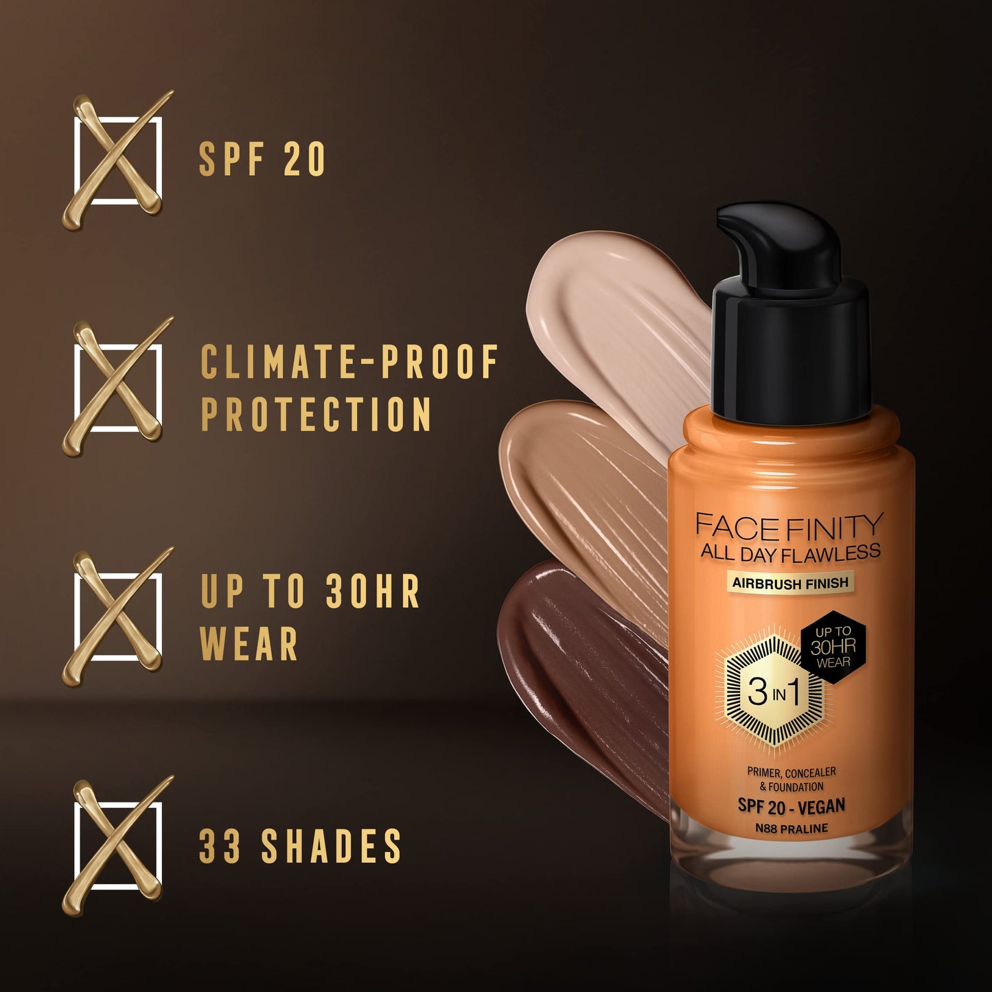 Max Factor Facefinity 3-in-1 All Day Flawless Liquid Foundation, SPF 20 - 88 Praline, 30 ml
