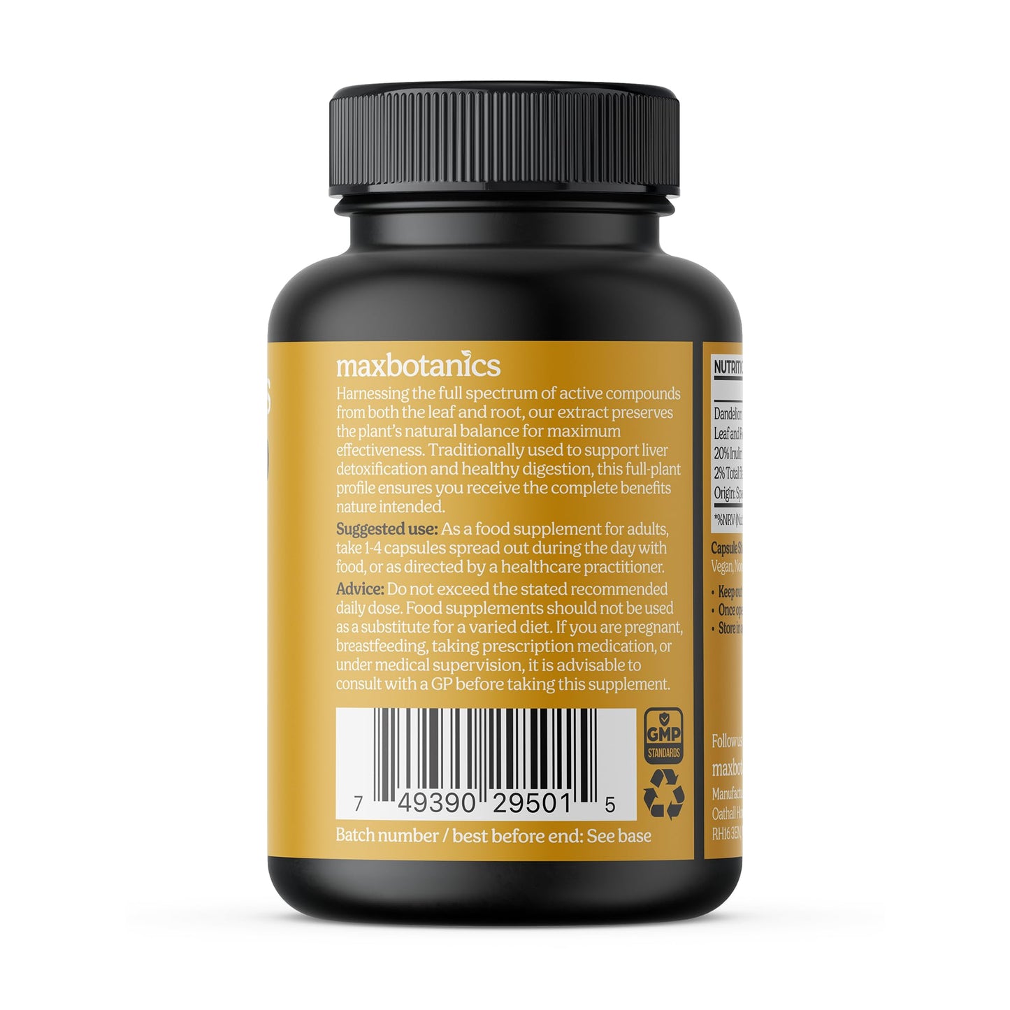 Max Botanics Dandelion Root Leaf Extract and Full Plant Profile Liver Detox Digestion & Vitality with Inulin and Flavonoids Vegan No Fillers or Binders UK Made 90 Capsules