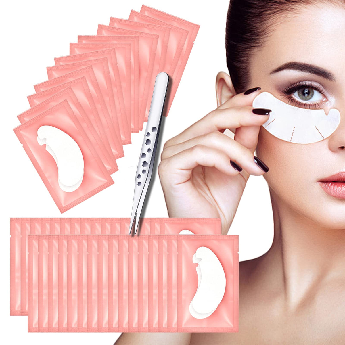 Lanjue 60 Pairs Under Eye Gel Pads, Pink Lint Free Eyelash Extension Pads with Tweezer Eye Patches Eyelash Lash Extension Lint Patches for Eyelash Extensions