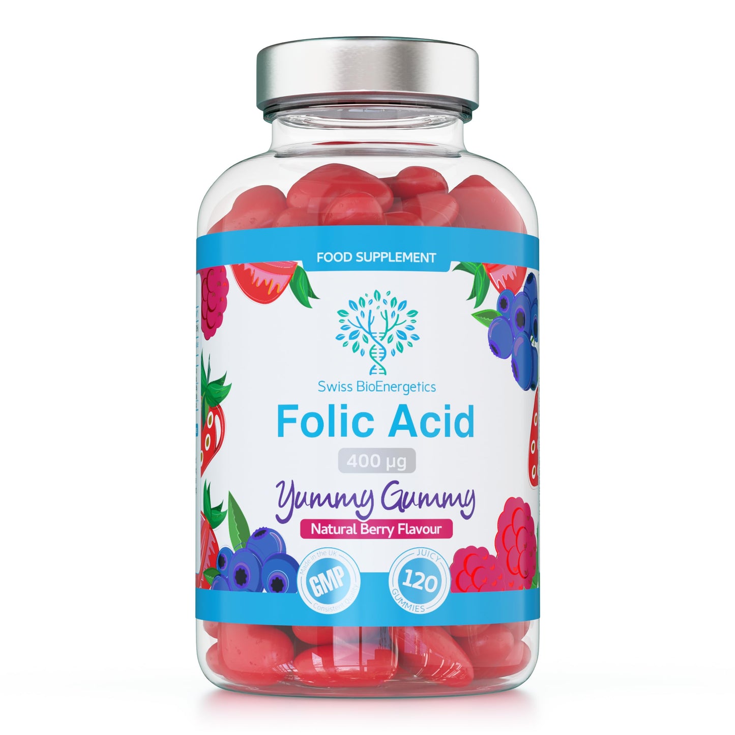 swiss bioenergetics Folic Acid Gummies - 400μg, 120 Natural Berry Flavoured & Vegan Gummies - High Strength Vitamin B9 Folic Acid Pregnancy Support Prenatal Vitamin - No Artificial Sweeteners or Flavours – UK Made