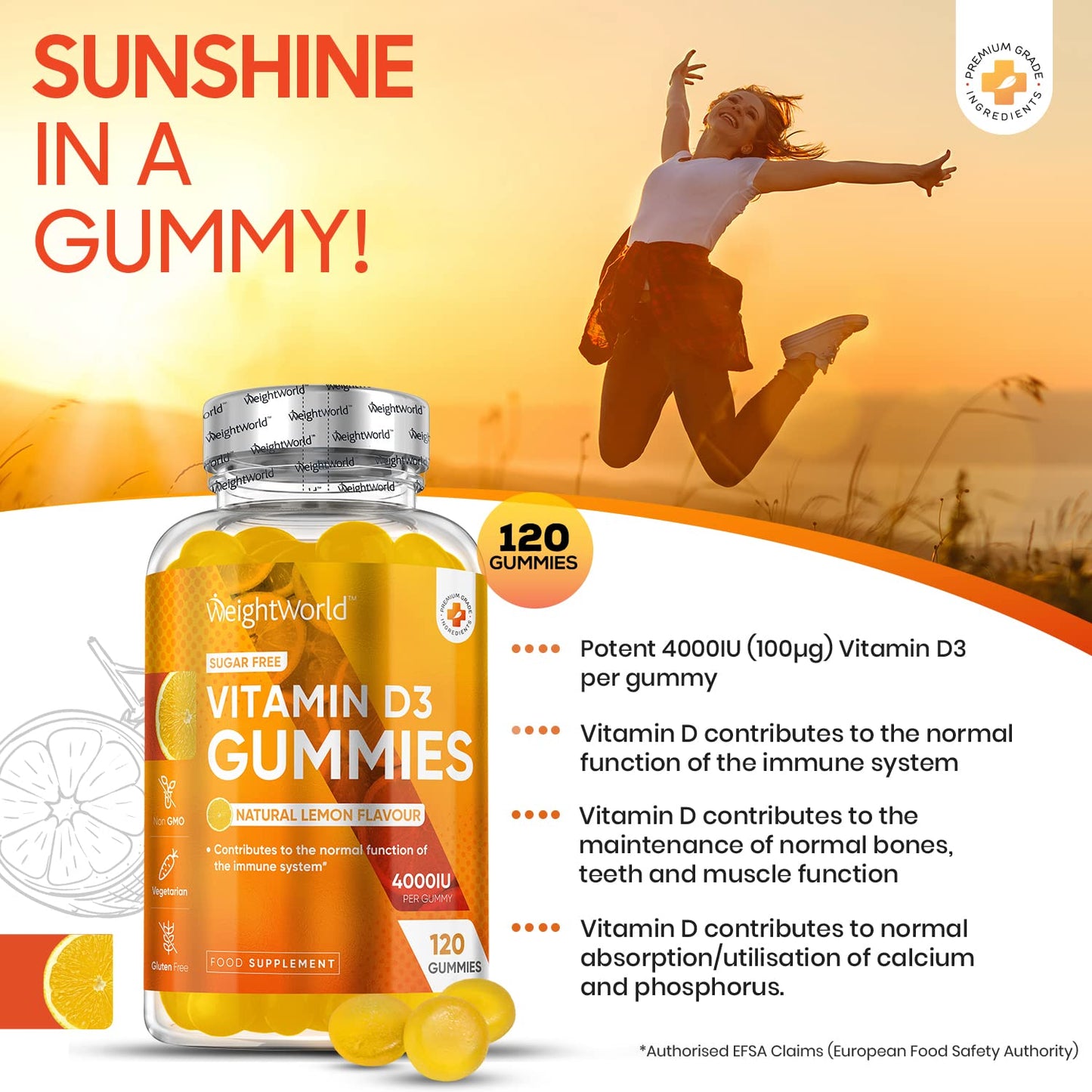 Vitamin D Gummies Adults 4000IU - Sugar-Free - 4 Months Supply - Natural Lemon Flavour - 120 Chewable Vitamin D3 Gummies - Vegetarian Friendly - High Strength Vitamin D Supplement - GMO & Gluten Free