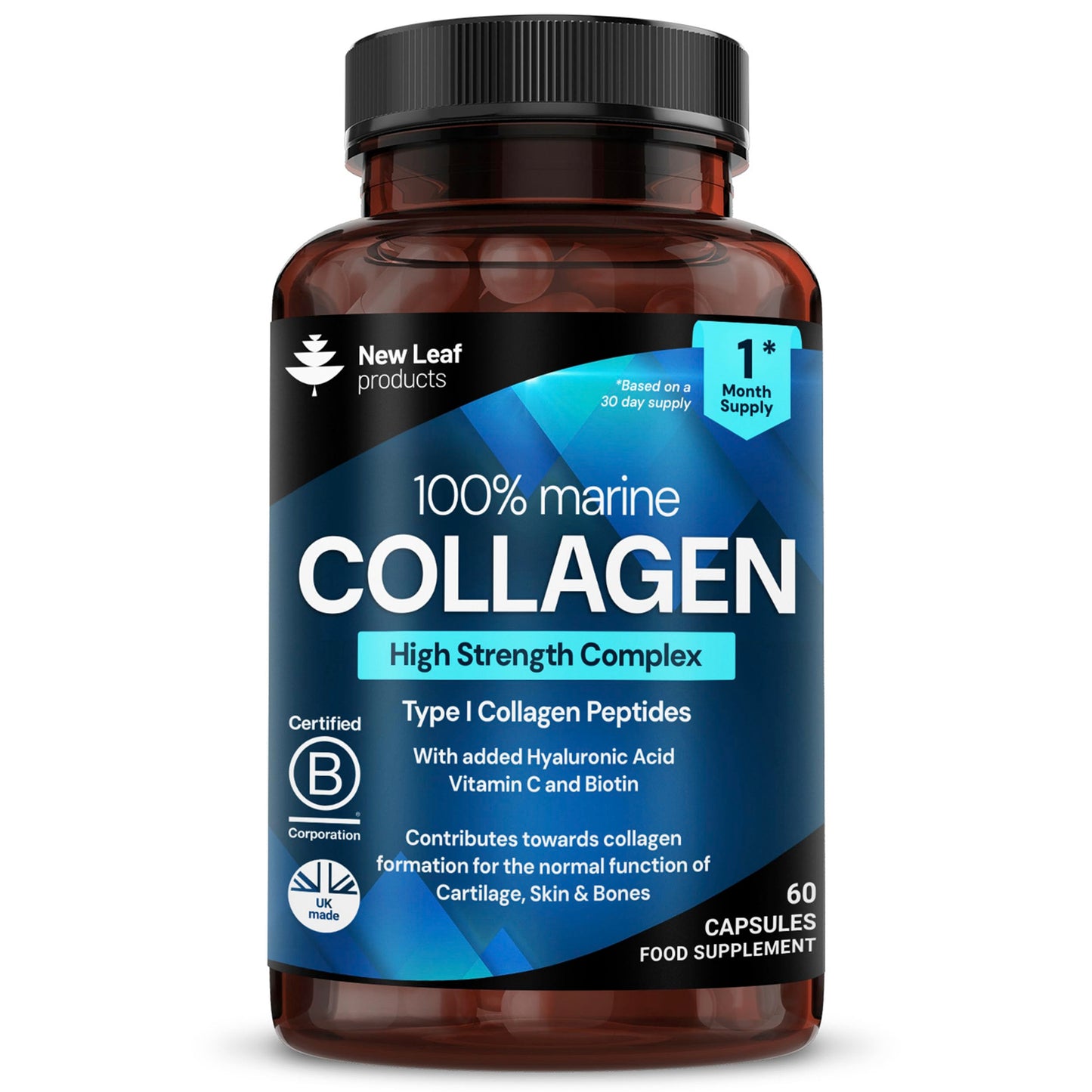 NEW LEAF PRODUCTS Pure Marine Collagen 100% Marine Collagen Type 1 Hydrolysed Collagen Peptides Enhanced with Hyaluronic Acid & Vitamin C -Essential Amino Acids - Collagen Supplements for Women and Men, 60 Capsules